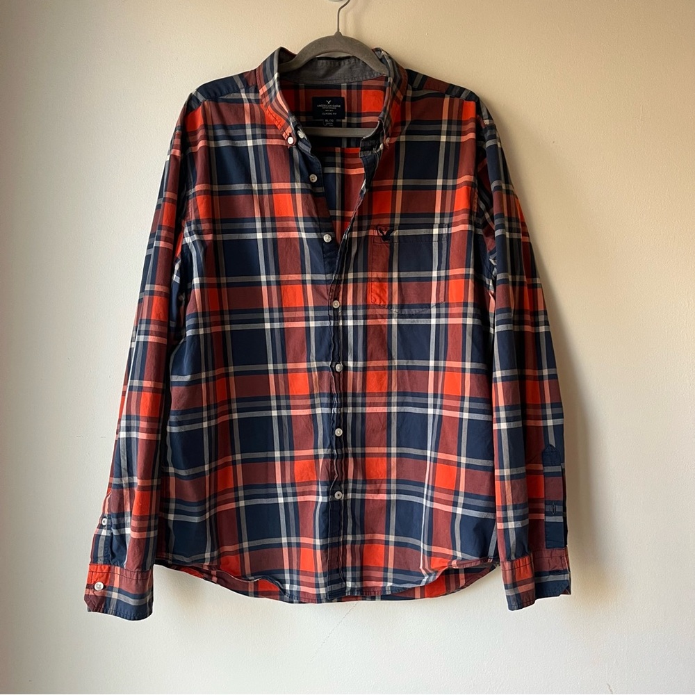 American Eagle Men’s Plaid Button Down Shirt Red Blue Cabincore XL Classic